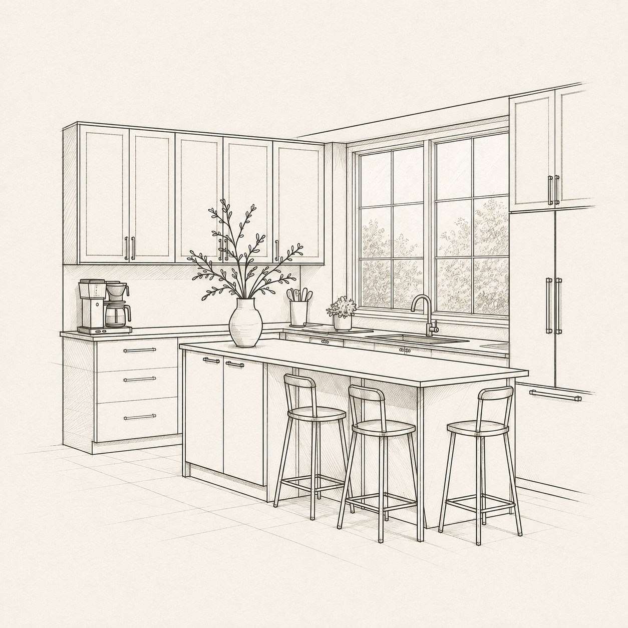 Boceto arquitectónico de cocina residencial